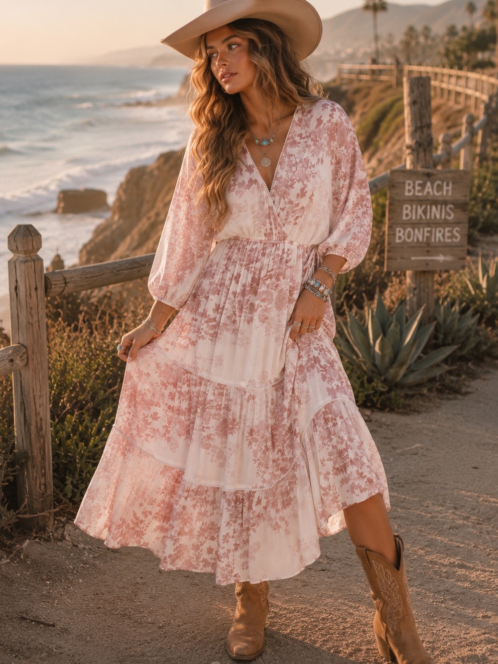 Lovestitch Follow Me Maxi Dress M Pink Ivory Floral Boho Cottagecore Tiered B2 - Picture 5 of 15